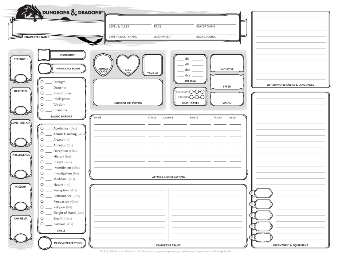 D&D 5e character sheet sample